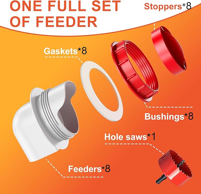 Chicken Feeders No Waste, DIY Automatic Poultry Feeder 8 Ports 1 Hole Saw with Covers Gravity Feed Kit for Buckets Barrels Bins Troughs