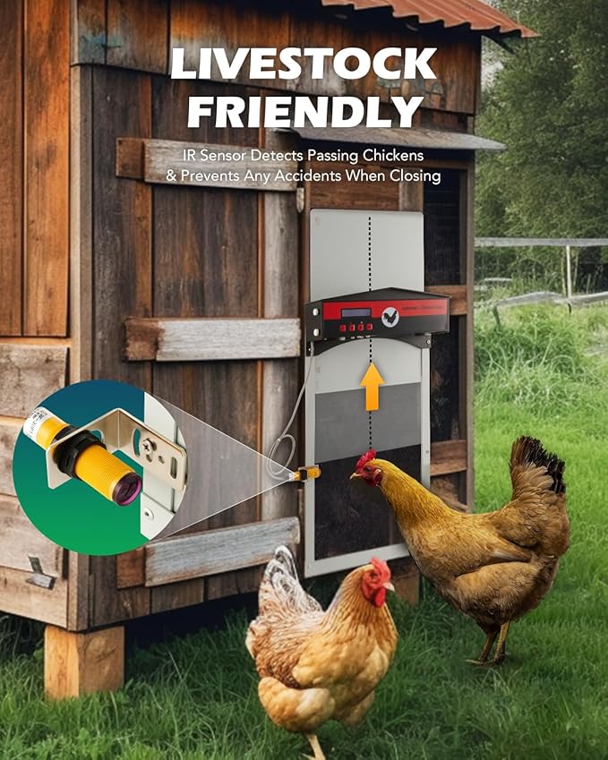 CO-Z Automatic Chicken Door, Automatic Chicken Coop Door with Timer Control and Light Sensor, Battery Powered Electric Chicken Coop Door Opener with Infrared Sensor for Duck Rabbit Goose Quail More