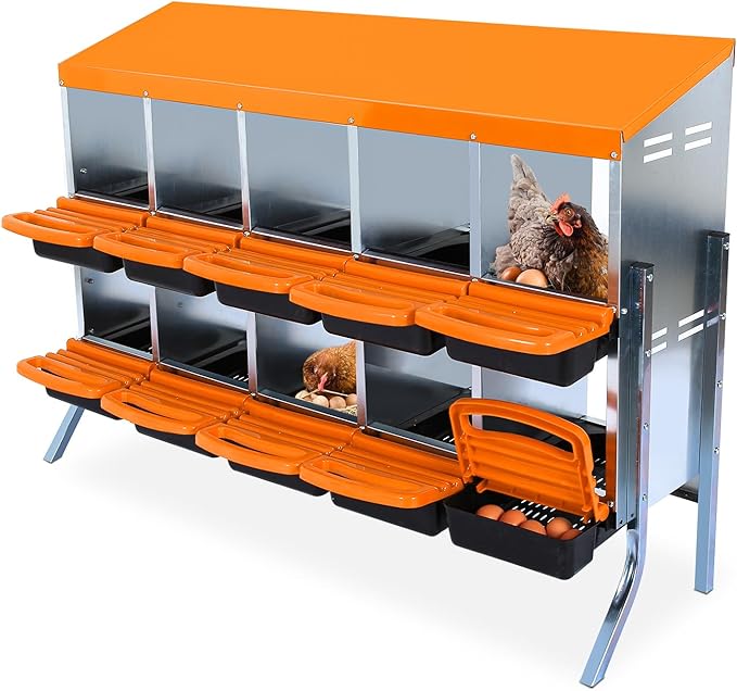 Chicken Nesting Boxes, Roll Away Nesting Box 10 Hole Metal Chicken Egg with Leg for Chicken Coop, Swing Perch and Rollout Egg Collection, Orange