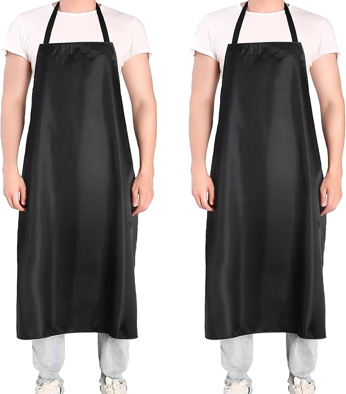 2 Pack Extra Long Bib Apron Set, Waterproof and Durable, Large Size 43.3x28.7 Inch, Black PVC Vinyl Coated, Ideal for Dog Grooming, Dishwashing, Butcher, Labs, Carpentry Work and Workshops