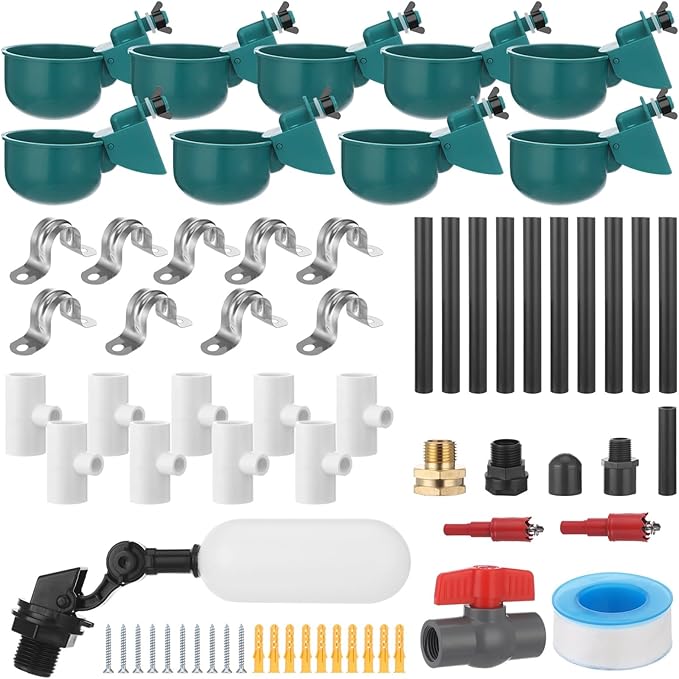 Complete Automatic Chicken Waterer System Kit, Includes 9 Chicken Water Cups, PVC Pipe, T-Joints, Float Valve, Poultry Watering, DIY Chicken Water Feeder for Broiler, Duck, Goose, Farm Birds