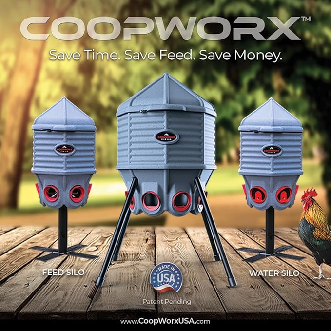 CoopWorx Poultry Feeder - 80 lb Capacity - Adjustable Height - UV Stable - Weather Resistant - 8 Feed Ports - Silo Shaped Design - Rust-Proof - Intended for Chickens/Ducks/Turkeys - Made in USA
