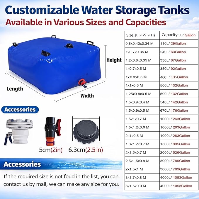Large Capacity Water Bladder Tank 2500/2000/1500/1300/1000 Gallon, Portable Water Storage Bag with Faucet, Heavy Duty Drought-Resistant Container for Farm Irrigation & Emerge 1x0.7x0.5m/350L/92gallon