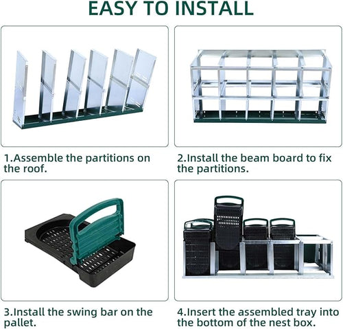 10-Compartment Roll-Away Metal Chicken Nesting Box – Durable Hen Laying Box with Lid and Pull-Out Roosts, Protective, Cleanable, Green, No Bracket Legs for Coops