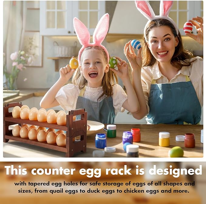 Maxcheck 6-Tier Stackable Acacia Wood Egg Holder, Large Capacity for 72 Eggs, Countertop Storage Rack with Handles for Kitchen Organization and Fridge, Farmhouse Easter Egg Display