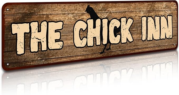 Rustic Metal "The Chick Inn" Tin Sign Art Wall Decor Funny Outdoor Garden Farm Signs, Chicken Gifts Coops Farmhouse Decor Hen House 4" by 16"