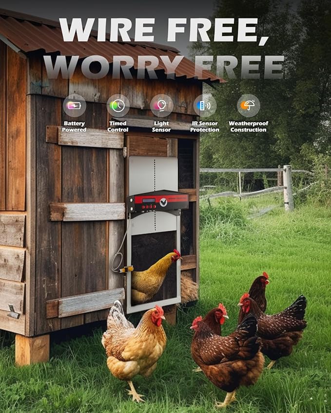 CO-Z Automatic Chicken Door, Automatic Chicken Coop Door with Timer Control and Light Sensor, Battery Powered Electric Chicken Coop Door Opener with Infrared Sensor for Duck Rabbit Goose Quail More