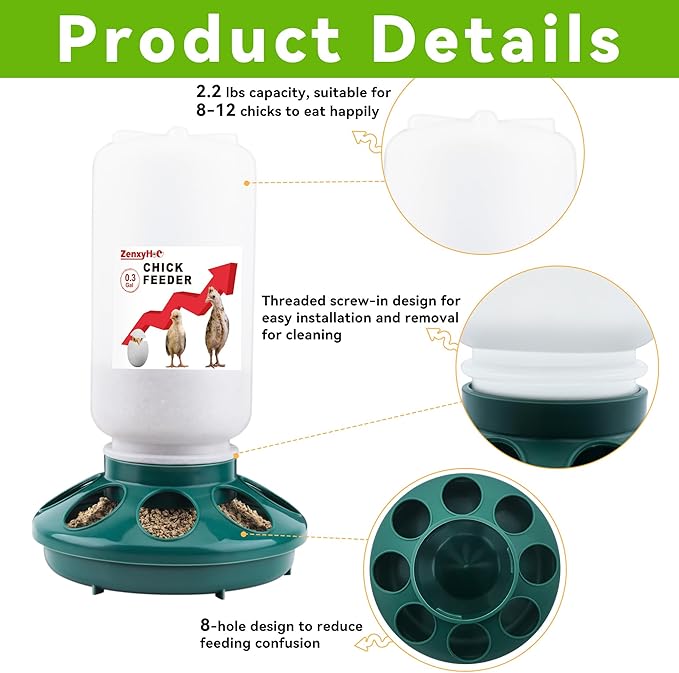2-in-1 Chick Starter Set: 0.3 Gal Feeder & 0.4 Gal Waterer with Adjustable Legs for Baby Chicks, Hanging Hooks, Anti-Drown Design - BPA-Free Plastic (Green)