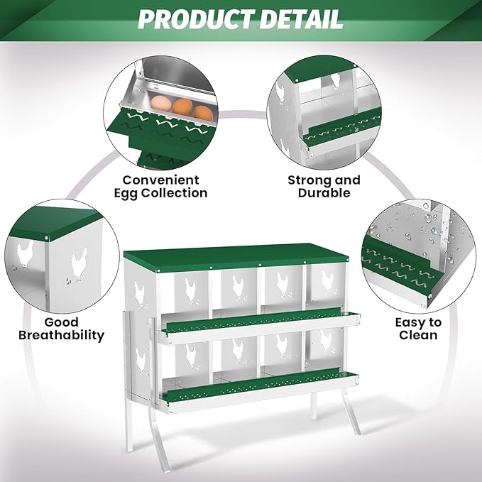 Metal Chicken Nesting Boxes, Heavy-Duty Galvanized Steel Egg Laying Box with 8 Compartments, Rustproof, Easy to Install & Clean, Wall-Mountable Design for Poultry Coops- Green with Stand