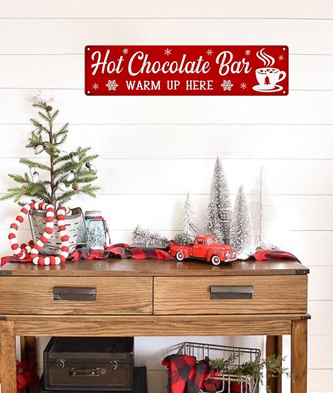 Hot Chocolate Bar Metal Tin Sign Vintage Funny Christmas Sign for Cafe Home Bar Farmhouse Christmas Art Wall Decoration Retro Poster 4x16 Inch