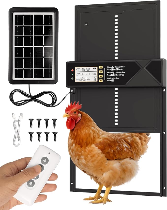 Automatic Chicken Coop Door Solar Powered,Aluminum Alloy Auto Door, Timer & Light Sensor, LCD Display, Remote Control, Anti-Pinch & Weatherproof Design, 4 Working Modes,Vertical Sliding Door