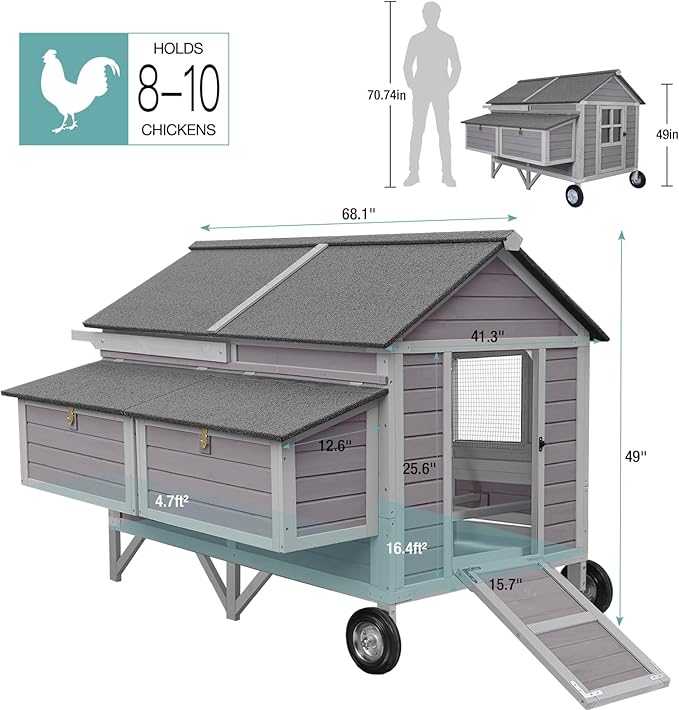 Chicken Coop with Strong Iron Frame, 68.1" L Large Wooden Poultry Cage with 8.1" Big Wheels, Outdoor Chicken House with Two Nesting Boxes for 6 Chickens