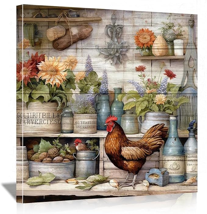 Framed Chicken Wall Art 16x16 Inch Rooster on Flower Stand Canvas Print Farmhouse Country Style Artwork for Kitchen Living Room Rustic Home Wall Decor (Rooster 4, 24L×24W)