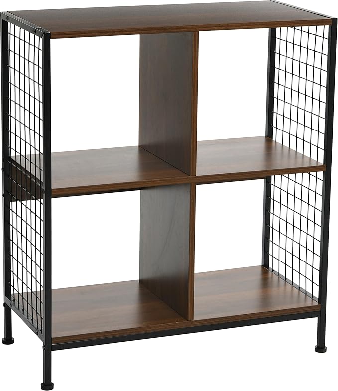 Household Essentials Trellis Open Storage Bookshelf with 4 Cube Compartments Mid Century Walnut Wood Grain and Black Metal