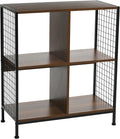 Household Essentials Trellis Open Storage Bookshelf with 4 Cube Compartments Mid Century Walnut Wood Grain and Black Metal