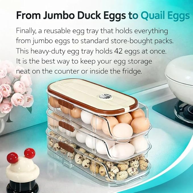 3-Tier Egg Dispenser for Refrigerator, Rolling Egg Organizer with Time Tracker, Stackable BPA-Free Egg Container Holds 42 Eggs, Fresh Egg Holder for Countertop Storage
