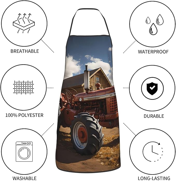Red Tractor Kitchen apron with one pocket, oil and stain resistant, unisex, adjustable.