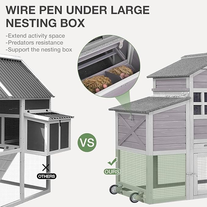 Chicken Coop with Wheels Wooden Outdoor Chicken House Easy Cleaning with Nesting Box, Deeper Leakproof Pull-Out Tray and UV Proof Panel Roof - Reinforced Version