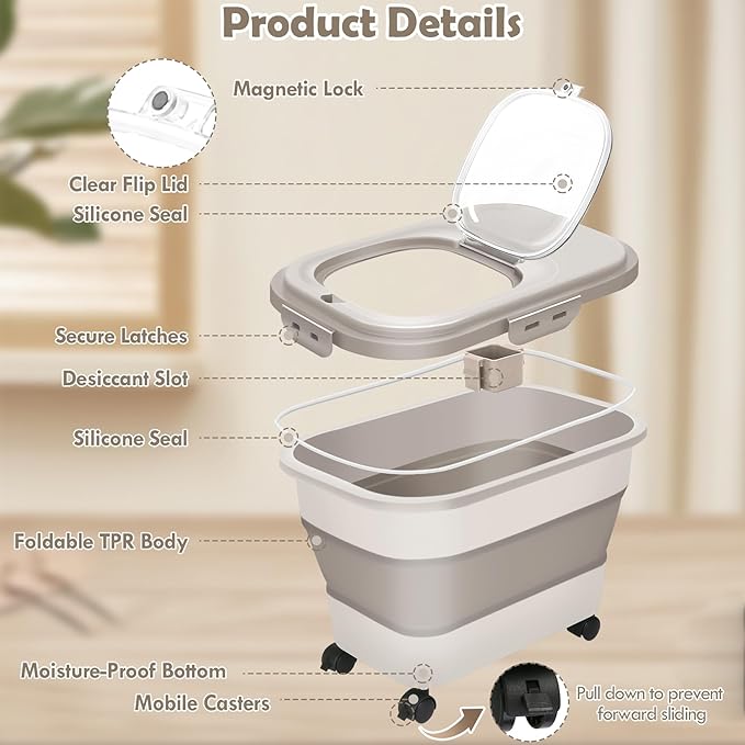 Dog Food Storage Container, 20Lbs Rice Storage Container Dispenser, Airtight Large Pet Cat Food Bin with Wheels, Scoop & Measuring Cup, Collapsible Kitchen Dry Food Holder for Four Sugar Cereal Kibble