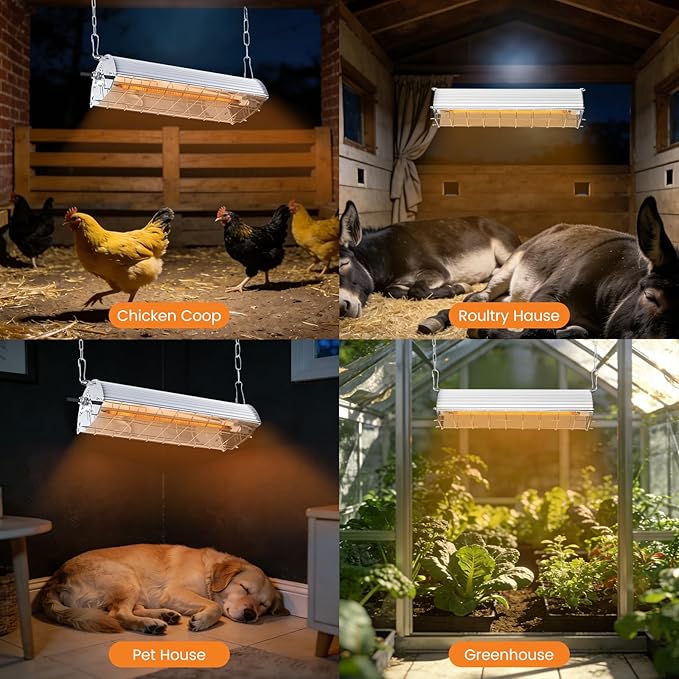 600W Hanging Heater for Poultry Chicken Coop Pet House Livestock Greenhouse, 2 Heating Mode with Adjust Height, 3S Fast Heating