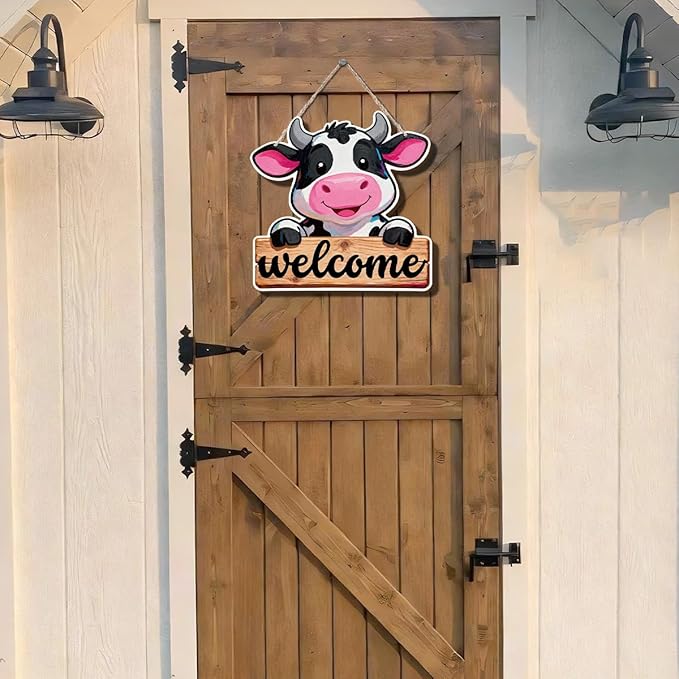 Farmhouse Wall Decor, Cute Cow Welcome Sign, Cartoon Oil Painting Style Wood Hanging Plaque, Rustic Country Wall Art for Kids Room Nursery Kitchen or Barnwood Entryway, 9.9x9.8 Inches