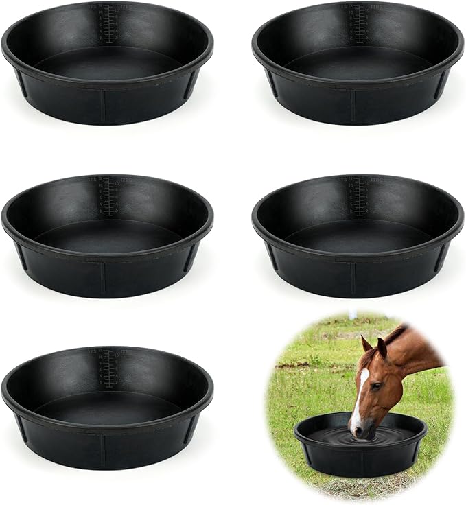 5Pcs Heavy Duty Rubber Feeder Pan, 12Q/3Gal Horses Feed Pan, Large Feed Bucket for Animal Feeding, Livestock Water Bowl Chicken Dust Bath Tub for Horse Goat Pig Dog Farm Livestock Poultry