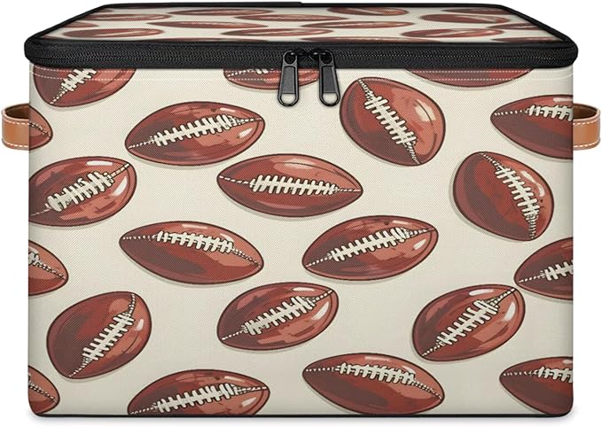 Storage Cubes with Lid Fabric Storage Bins Boxes PU Leather Handles, Sports Rugby Closet Organizer Container Foldable Washable Shelf Cloth Basket, Rugby Balls