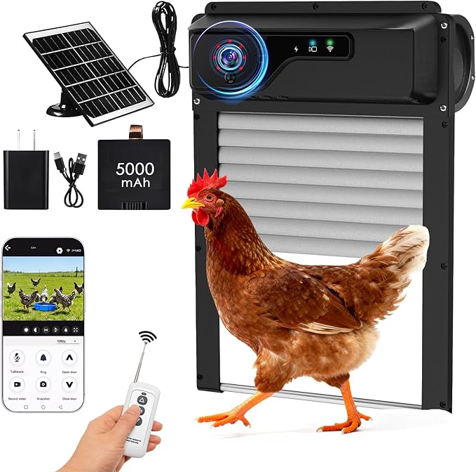 Automatic Chicken Coop Door with HD Camera and APP,Solar Chicken coop Door with Alarm Driver,Night Vision,Remote Controller,Timer,Intercom,Anti-Pinch,5000 mAh Rechargeable Battery