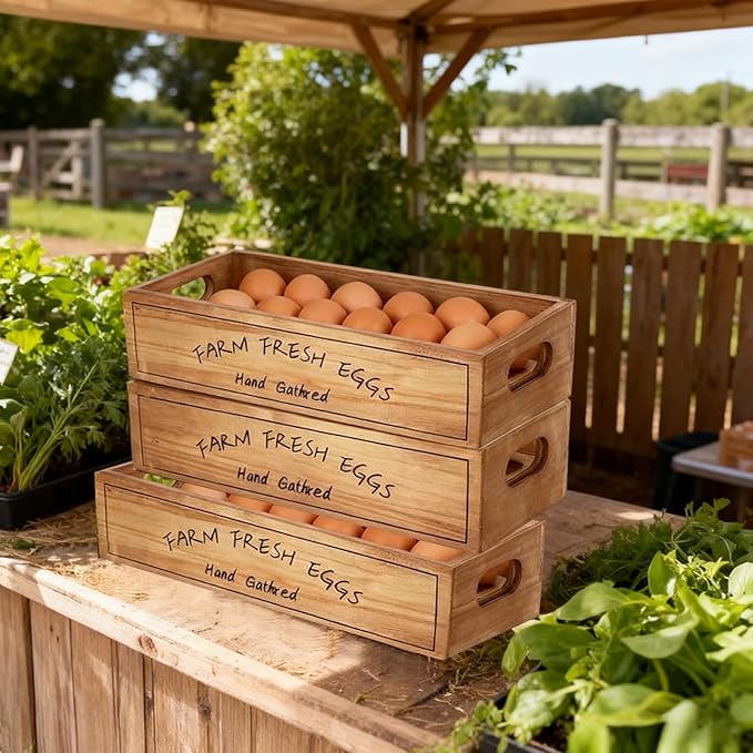 3 Pcs Farm Wooden Eggs Crate with Handle Natural Color Stackable Wooden Crates Rustic Storage Box for 36 Fresh Eggs Farm and Kitchen
