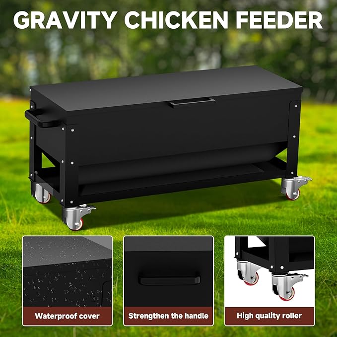 Automatic Metal Chicken Feeder,120lb Large Capacity Heavy Duty Gravity Chicken Feeder Box with Weatherproof Lid Brake Casters,Portable Chicken Feede No Waste Poultry Feeder for Ducks, Geese