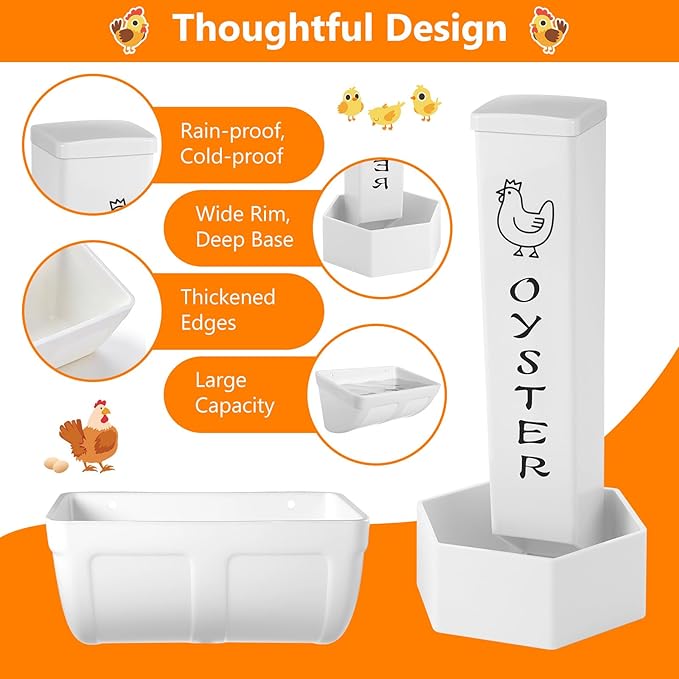 4 Pack Total Chicken Grit and Oyster Shell Feeder Kit, Includes 2 PVC Gravity Grit Feeders with Lid & 2 Hanging Poultry Waterers for Hens, Ideal for 5-6 Chickens, Coop Accessories for Healthier Eggs