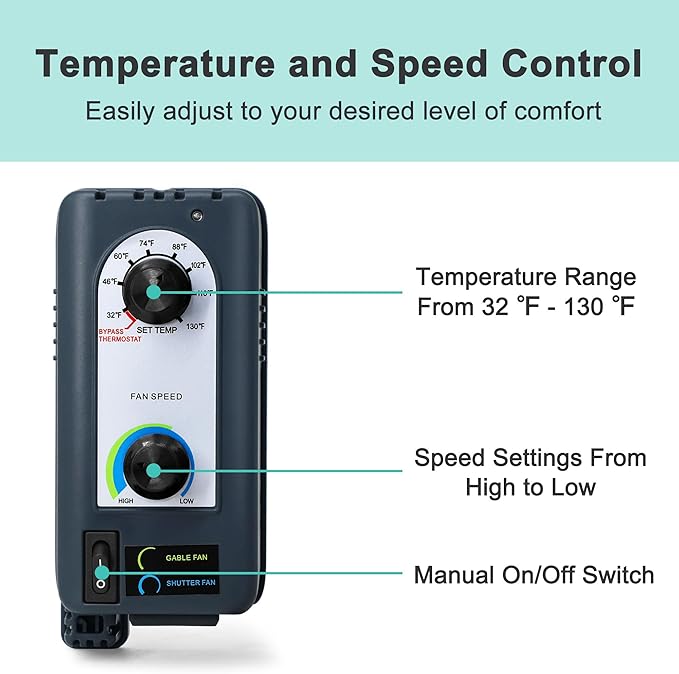 18 Inch Shutter Exhaust Fan with Thermostat and Speed Controller, 1736 CFM Powerful Wall Mounted Vent Fan for Attic, Greenhouse, Shed, Garage, Chicken Coop Ventilation, 2600 SQF Coverage Area
