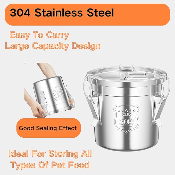 Stainless Steel Dog Food Storage Container 6L/1.59Gal Airtight Pet Food Storage Container with Lid to Keep Fresh Large Pet Food Storage with 3 Locking Latches for Cat Food Chicken Feed Rice Easy Clean