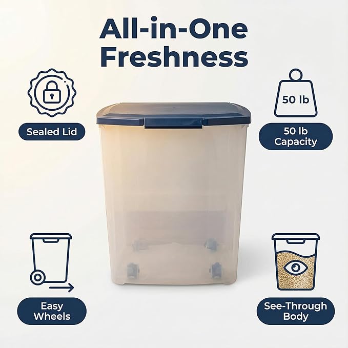 50 Ib Dog Food Storage Container,Extra-Large Dog Storage with Roller Wheels & Locking Lid，Suitable for Dog Cat Bird and Other Pet Food Storage Bin