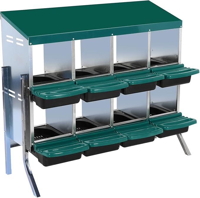 GarveeHome 2-Tier Chicken Nesting Box, 8 Compartment Metal Chicken Laying Boxes with Waterproof Roof ＆ Removable Trays for Hens, Poultry，Easy Egg Collection