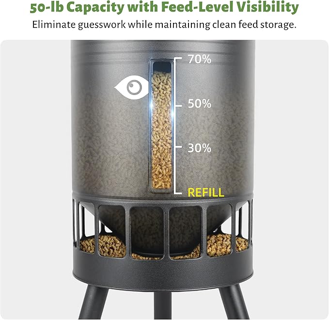 KOL 50LB Metal Chicken Feeder - No Waste, No Clog Design with 16 Ports & Smooth Gravity-Flow, Powder Coated Rust-Proof for Coop Use (Black)