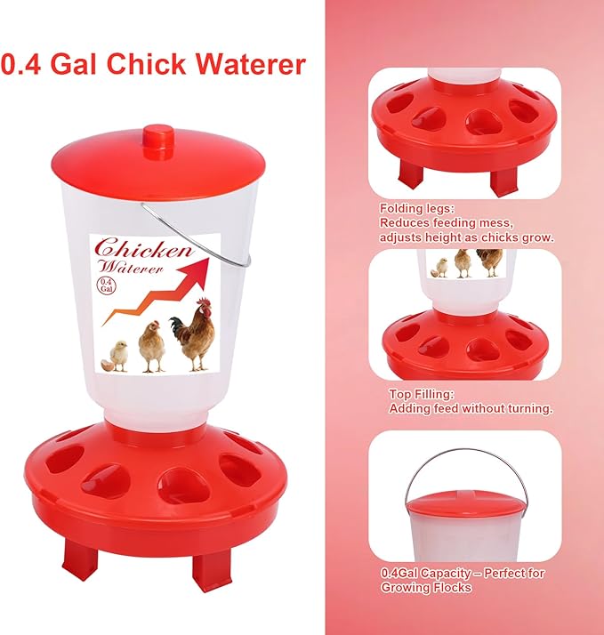 Chick Feeder and Waterer Set Top Fill 3.3LB Feeder and 0.4Gal Waterer with 3 Adjustable Heights Legs for Chicks