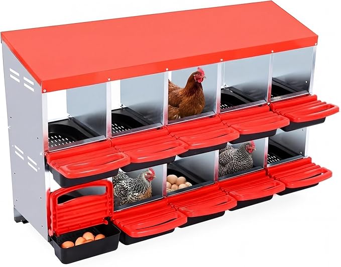 Chicken Nesting Box, 10-Hole Metal Wall Mount Chicken Laying Boxes with Legs and Lid Cover, Easy to Assemble, Roll-Away Egg Design Nesting Boxes for Outdoor Chicken Coop & Farm Yard, Red