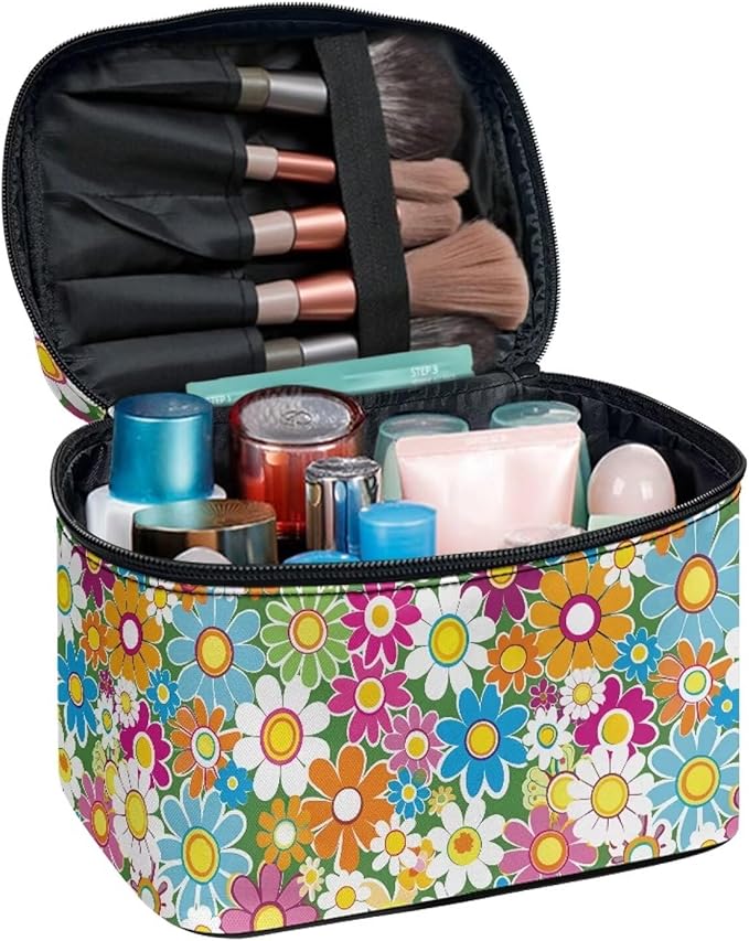 Retro 70S Colorful Hippie Flower Print Travel Makeup Bags for Women Portable Tote Cosmetic Case with Carry Handle Toiletry Accessories Storage Organizer Bags