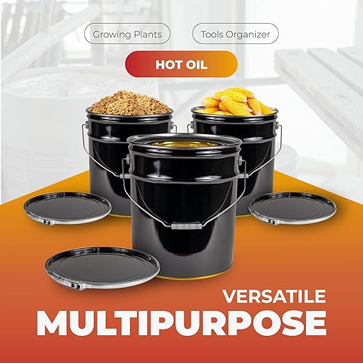 ATERET 5 Gallon Black Metal Bucket & Lever Lock Pail Lid, Heavy Duty Durable Pails and Lids for Outdoor and Household Use (18 Pack)