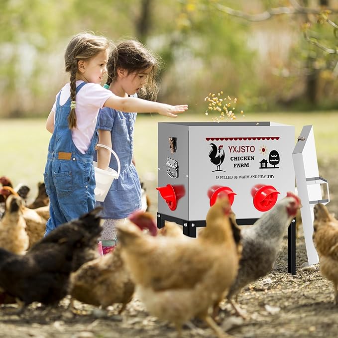 40LB Automatic Chicken Feeder with 6 Ports, Heavy Duty Metal No-Waste Poultry Feeder, Rustproof & Weatherproof Chicken Feeder with Adjustable Legs & Locking Lid