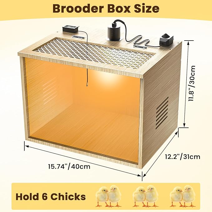 Brooder Box for Chicks, 16 Inch Wooden Chicken Brooder Box with 75W Heat Lamps, Thermometer and Tin Foil, Poultry Breeding Kit, Ideal for 5-7 Newborn Chicks Ducks Quails Hamsters, Small