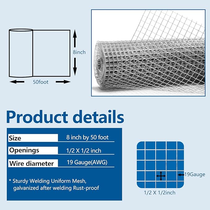 Hardware Cloth 1/2 inch 19Ga Double Hot-Dipped Galvanized After Welding Wire Fence Mesh Welded Metal Chicken Wire Fencing Roll (Silver 1/2 8X50)