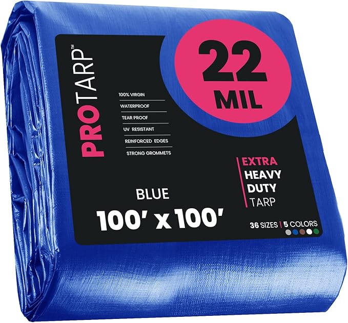 PROTARP Extreme Heavy Duty 22 Mil Tarp Cover, Waterproof, UV Resistant, Rip and Tear Proof, Poly Tarpaulin with Reinforced Edges for Roof, Camping, Patio, Pool, Boat. (Blue 100′ X 100′)
