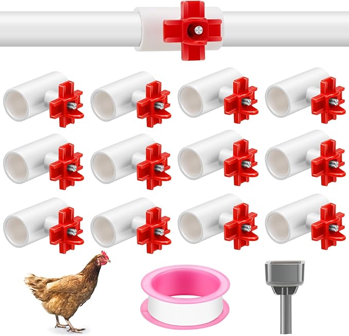 EEEKit 12 Pack Chicken Nipple Waterer Kit, Horizontal Automatic Poultry Side Mount Drinker with 1/2" PVC Tee Fittings or DIY Chicken Duck Quail Watering System