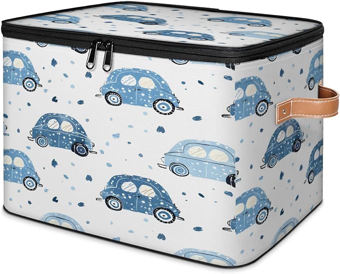 Storage Cubes with Lid Fabric Storage Bins Boxes PU Leather Handles, Cute Cars Closet Organizer Container Foldable Washable Shelf Cloth Basket, Cartoon Car
