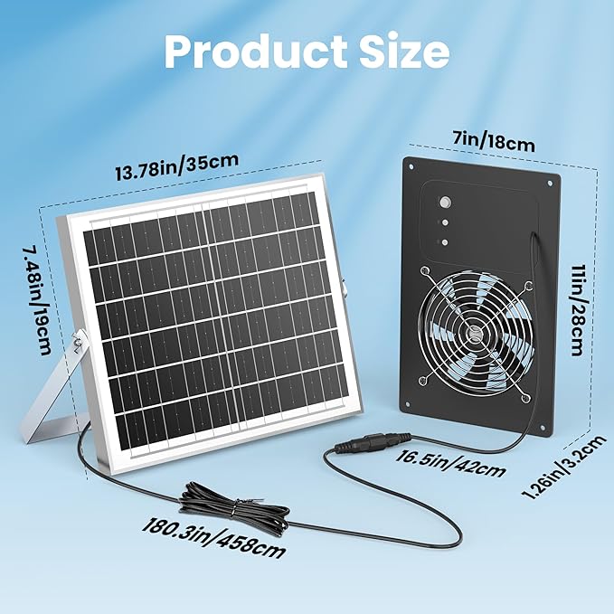 Solar Fan with Battery 15000 mAh and Timer - 25W Powered Exhaust Fan High Wind Speed Rainproof for Outdoor Greenhouse, Chicken Coop, Doghouses, Shed, Vent, Windows