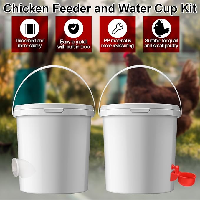 25 Sets Chicken Feeder and Water Cup Kit, Quail & Chick Port Feeder and Automatic Chicken Waterer with Hole Opener, Drill, DIY Waterer for Various Poultry
