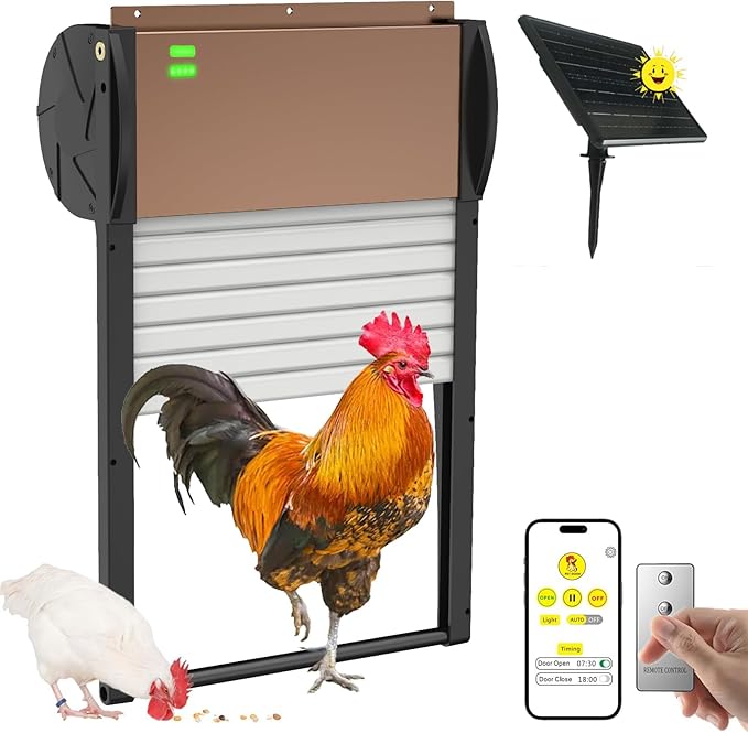 Automatic Chicken Coop Door APP Controlled, Solar Powered Chicken Coop Door Opener with Programmable Timer, 10M Remote, Light Sensor, USB Rechargeable, Anti-Pinch, Auto Chicken Doors