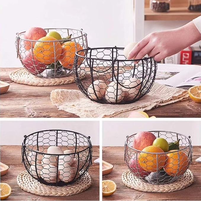 Wire Egg Basket with Handle, Farmhouse Metal Egg Holder Vintage Chicken Egg Collecting Basket Container Countertop Round Rustic Fruit Baskets